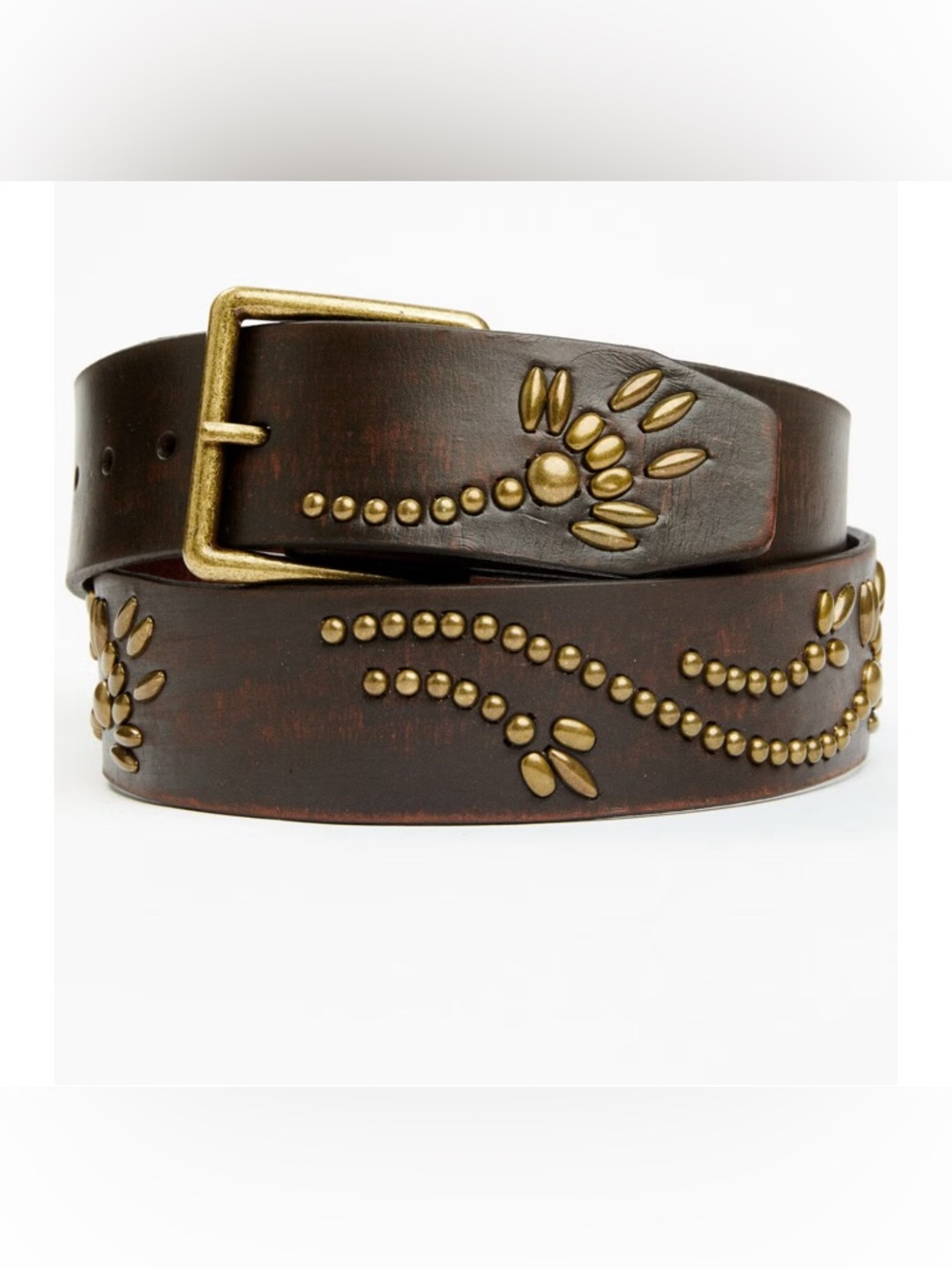 Bed Stu Brown Leather Studded Belt with Gold-Tone Accents
